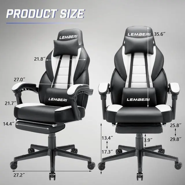 Alt view image 7 of 7 - Vitesse Video Game Chairs with footrest,Gamer Chair for Adults,Big and Tall Chair, 400lb Capacity,Gaming Chairs for Teens,Racing Style Computer Chair with Headrest and Lumbar Support White