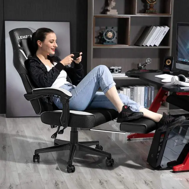 Alt view image 6 of 7 - Vitesse Video Game Chairs with footrest,Gamer Chair for Adults,Big and Tall Chair, 400lb Capacity,Gaming Chairs for Teens,Racing Style Computer Chair with Headrest and Lumbar Support White