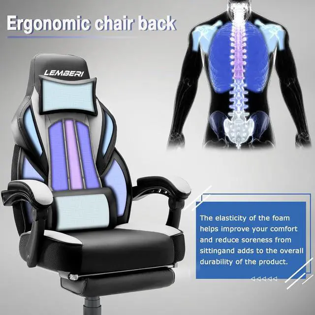 Alt view image 2 of 7 - Vitesse Video Game Chairs with footrest,Gamer Chair for Adults,Big and Tall Chair, 400lb Capacity,Gaming Chairs for Teens,Racing Style Computer Chair with Headrest and Lumbar Support White