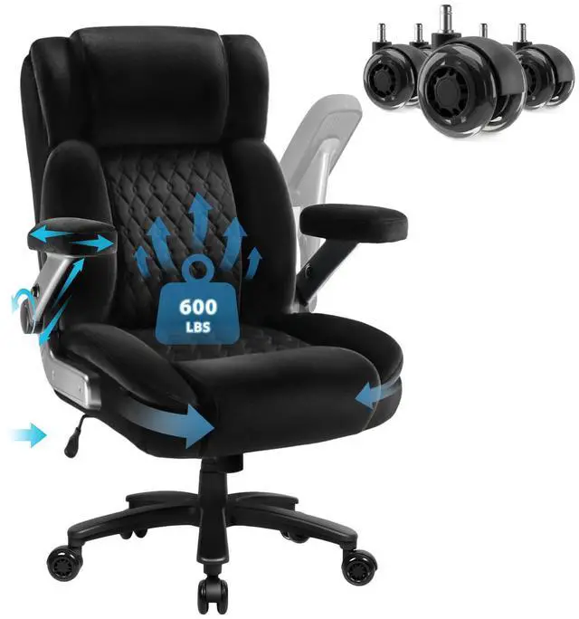 Main image of Vitesse Big and Tall Office Chair 600lbs with 5D Flip Arms, Heavy Duty Executive Office Chairs, Ergonomic Desk Chair with Adjustable Lumbar Support & Rubber Wheels, Velvet Fabric, Black