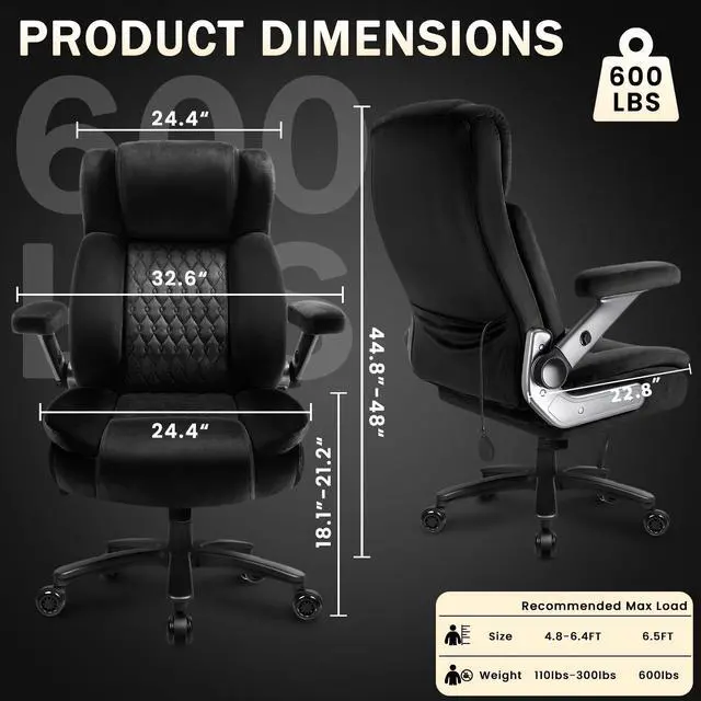 Alt view image 2 of 7 - Vitesse Big and Tall Office Chair 600lbs with 5D Flip Arms, Heavy Duty Executive Office Chairs, Ergonomic Desk Chair with Adjustable Lumbar Support & Rubber Wheels, Velvet Fabric, Black