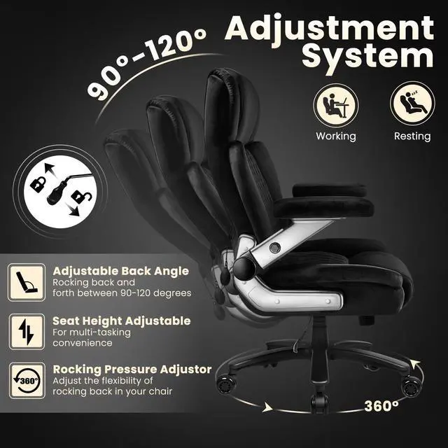 Alt view image 3 of 7 - Vitesse Big and Tall Office Chair 600lbs with 5D Flip Arms, Heavy Duty Executive Office Chairs, Ergonomic Desk Chair with Adjustable Lumbar Support & Rubber Wheels, Velvet Fabric, Black