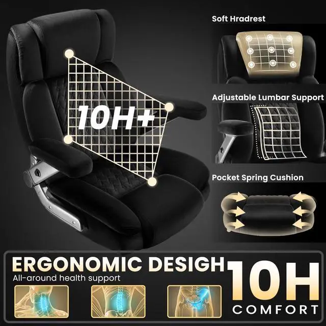 Alt view image 4 of 7 - Vitesse Big and Tall Office Chair 600lbs with 5D Flip Arms, Heavy Duty Executive Office Chairs, Ergonomic Desk Chair with Adjustable Lumbar Support & Rubber Wheels, Velvet Fabric, Black