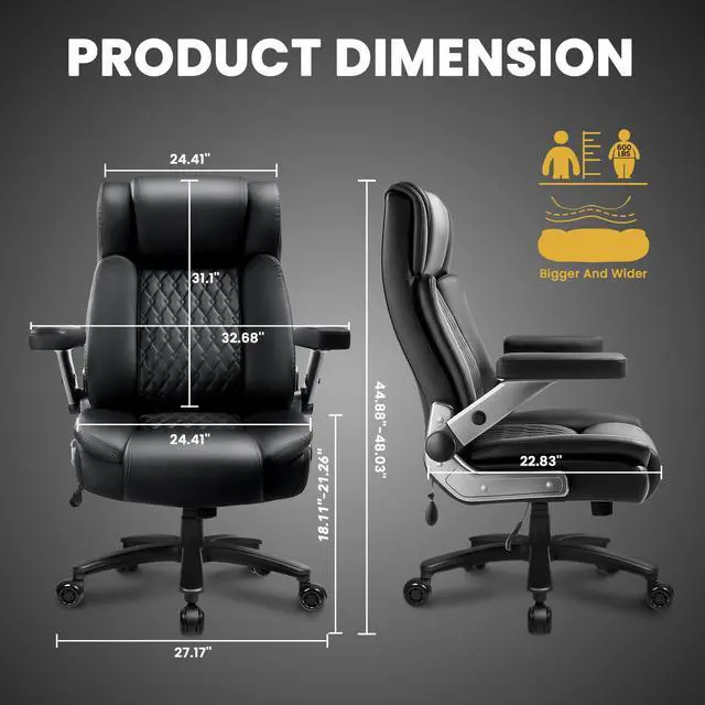 Alt view image 2 of 7 - Vitesse Big and Tall Office Chair 600lbs with 5D Flip Arms, Heavy Duty Executive Office Chairs, Ergonomic Desk Chair with Adjustable Lumbar Support & Rubber Wheels, PU Leather, Black