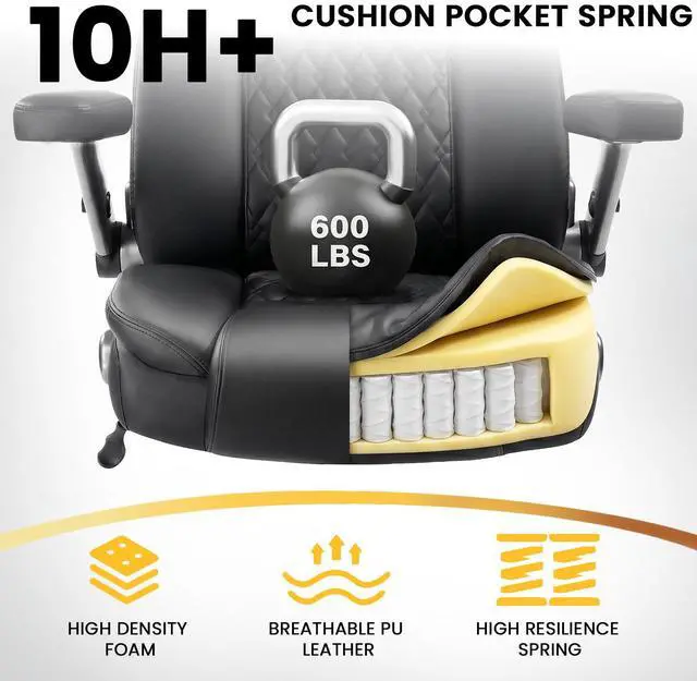 Alt view image 5 of 7 - Vitesse Big and Tall Office Chair 600lbs with 5D Flip Arms, Heavy Duty Executive Office Chairs, Ergonomic Desk Chair with Adjustable Lumbar Support & Rubber Wheels, PU Leather, Black