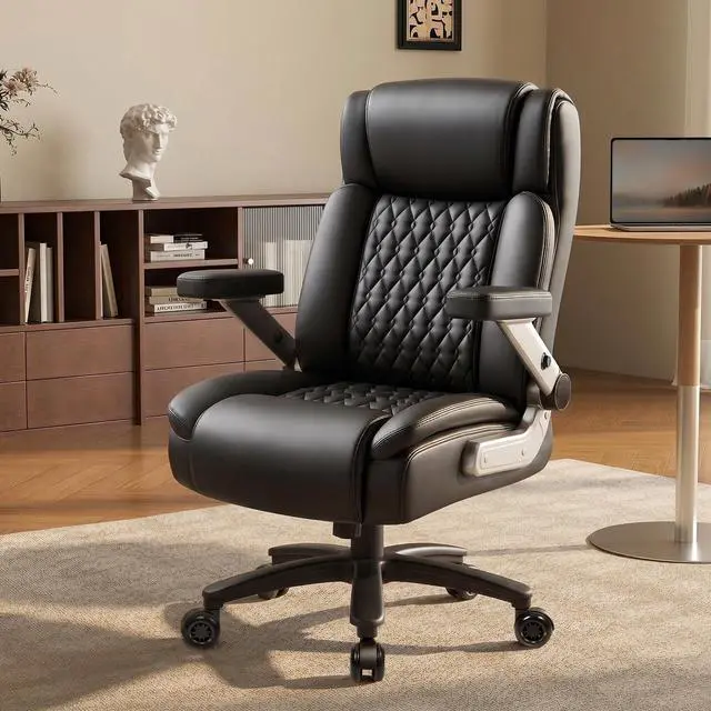 Alt view image 3 of 7 - Vitesse Big and Tall Office Chair 600lbs with 5D Flip Arms, Heavy Duty Executive Office Chairs, Ergonomic Desk Chair with Adjustable Lumbar Support & Rubber Wheels, PU Leather, Black