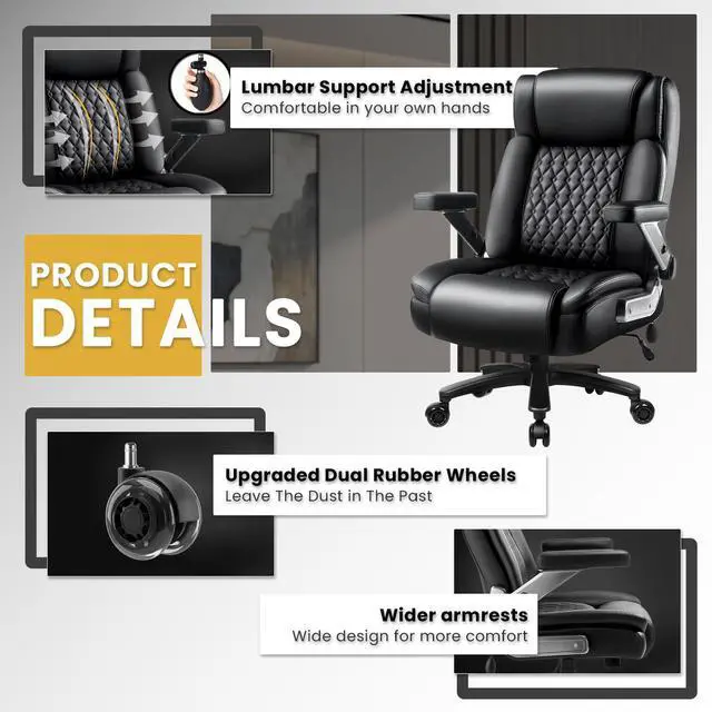 Alt view image 6 of 7 - Vitesse Big and Tall Office Chair 600lbs with 5D Flip Arms, Heavy Duty Executive Office Chairs, Ergonomic Desk Chair with Adjustable Lumbar Support & Rubber Wheels, PU Leather, Black