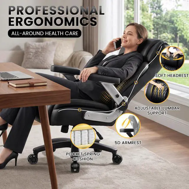Alt view image 4 of 7 - Vitesse Big and Tall Office Chair 600lbs with 5D Flip Arms, Heavy Duty Executive Office Chairs, Ergonomic Desk Chair with Adjustable Lumbar Support & Rubber Wheels, PU Leather, Black