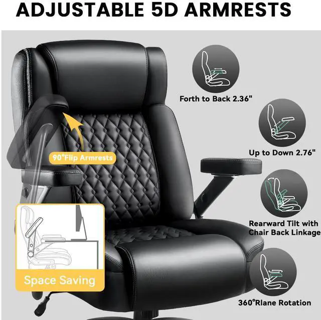 Alt view image 7 of 7 - Vitesse Big and Tall Office Chair 600lbs with 5D Flip Arms, Heavy Duty Executive Office Chairs, Ergonomic Desk Chair with Adjustable Lumbar Support & Rubber Wheels, PU Leather, Black