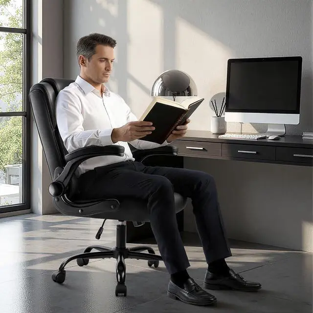 Alt view image 2 of 7 - Vitesse Leather Office Desk Chair, Ergonomic Office Chair with Lumbar Support, Computer Chair, Executive Leather Chair with Padded Flip-up Arm, Adjustable Armrests, Black, 275LBS