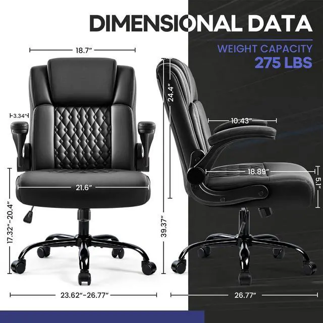 Alt view image 3 of 7 - Vitesse Leather Office Desk Chair, Ergonomic Office Chair with Lumbar Support, Computer Chair, Executive Leather Chair with Padded Flip-up Arm, Adjustable Armrests, Black, 275LBS