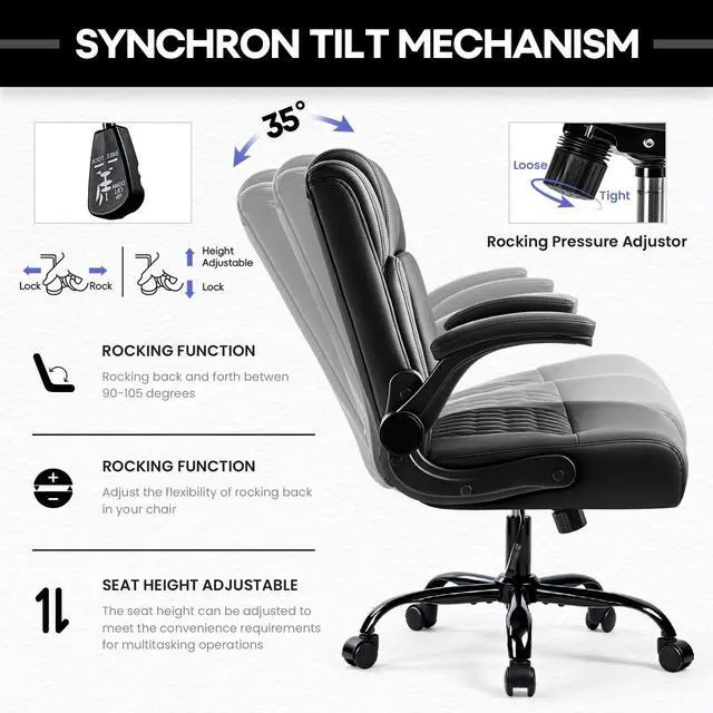 Alt view image 5 of 7 - Vitesse Leather Office Desk Chair, Ergonomic Office Chair with Lumbar Support, Computer Chair, Executive Leather Chair with Padded Flip-up Arm, Adjustable Armrests, Black, 275LBS