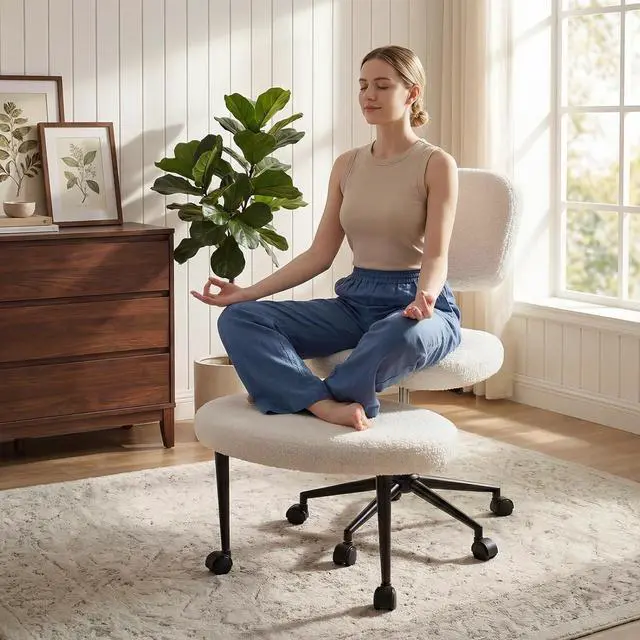 Main image of Vitesse Ergonomic Cross Legged Office Chair With Wheels, ADHD Chair For Adults, Meditation Chair, Yoga Office Chair, Kneeling Chairs With Comfortable Back Support, Height Adjustable, Teddy Fabric