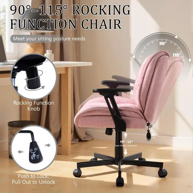 Alt view image 5 of 7 - Vitesse Criss Cross Chair with 3D Arms and Wheels, Cross Legged Office Chair with Built-in Dynamic Airbag Lumbar Support, Wide Comfy Desk Chair for Home Office, Apartment, Vanity, Plush Cushion, Pink