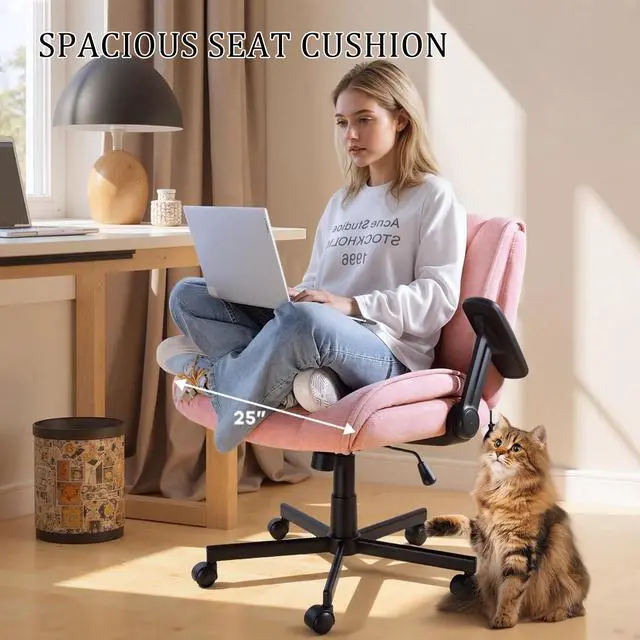 Alt view image 2 of 7 - Vitesse Criss Cross Chair with 3D Arms and Wheels, Cross Legged Office Chair with Built-in Dynamic Airbag Lumbar Support, Wide Comfy Desk Chair for Home Office, Apartment, Vanity, Plush Cushion, Pink