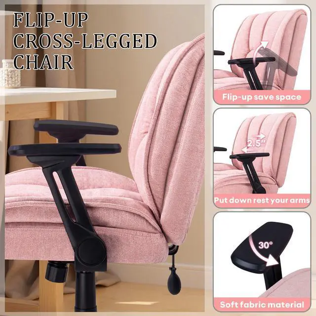Alt view image 6 of 7 - Vitesse Criss Cross Chair with 3D Arms and Wheels, Cross Legged Office Chair with Built-in Dynamic Airbag Lumbar Support, Wide Comfy Desk Chair for Home Office, Apartment, Vanity, Plush Cushion, Pink