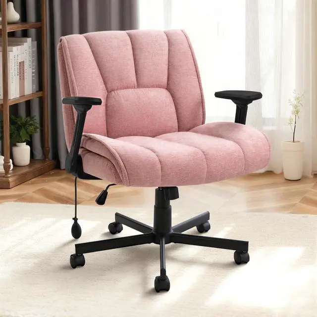 Main image of Vitesse Criss Cross Chair with 3D Arms and Wheels, Cross Legged Office Chair with Built-in Dynamic Airbag Lumbar Support, Wide Comfy Desk Chair for Home Office, Apartment, Vanity, Plush Cushion, Pink