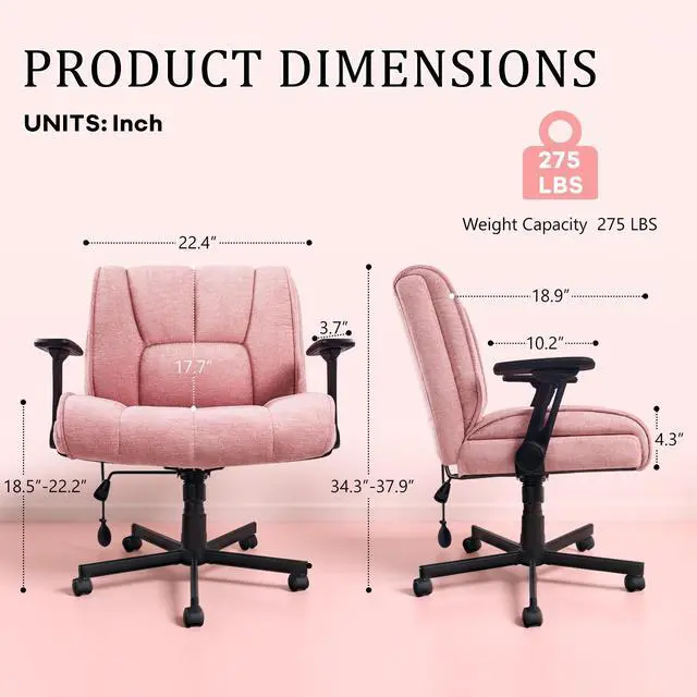 Alt view image 3 of 7 - Vitesse Criss Cross Chair with 3D Arms and Wheels, Cross Legged Office Chair with Built-in Dynamic Airbag Lumbar Support, Wide Comfy Desk Chair for Home Office, Apartment, Vanity, Plush Cushion, Pink