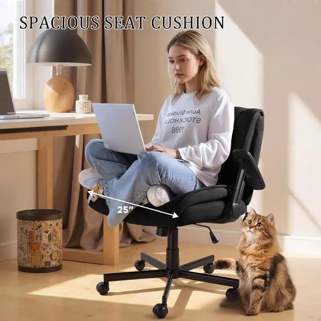Alt view image 2 of 7 - Vitesse Criss Cross Chair with 3D Arms and Wheels, Cross Legged Office Chair with Built-in Dynamic Airbag Lumbar Support, Wide Comfy Desk Chair for Home Office, Apartment, Vanity, Plush Cushion, Black