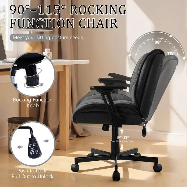 Alt view image 5 of 7 - Vitesse Criss Cross Chair with 3D Arms and Wheels, Cross Legged Office Chair with Built-in Dynamic Airbag Lumbar Support, Wide Comfy Desk Chair for Home Office, Apartment, Vanity, Plush Cushion, Black
