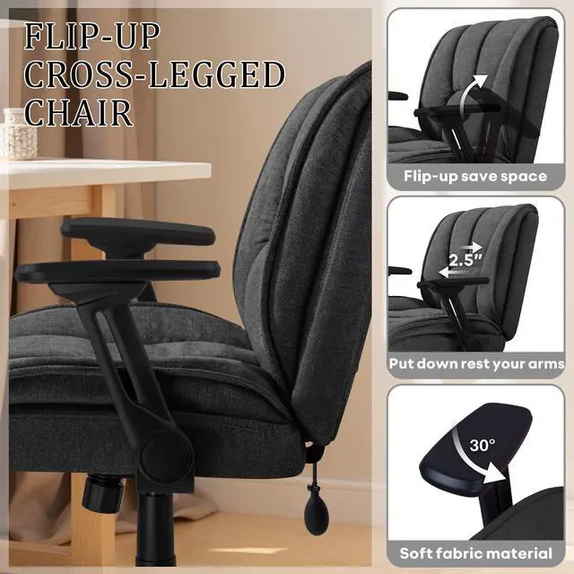 Alt view image 6 of 7 - Vitesse Criss Cross Chair with 3D Arms and Wheels, Cross Legged Office Chair with Built-in Dynamic Airbag Lumbar Support, Wide Comfy Desk Chair for Home Office, Apartment, Vanity, Plush Cushion, Black