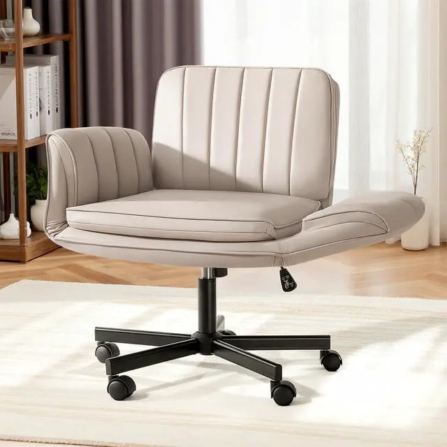 Main image of Vitesse Criss Cross Chair with Five-Level Adjustable Armrests and Wheels, PU Leather Vanity Chair with Back, Comfortable Swivel Cross Legged Office Chair for Home Office, Bedroom, Living Room
