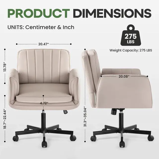 Alt view image 2 of 7 - Vitesse Criss Cross Chair with Five-Level Adjustable Armrests and Wheels, PU Leather Vanity Chair with Back, Comfortable Swivel Cross Legged Office Chair for Home Office, Bedroom, Living Room