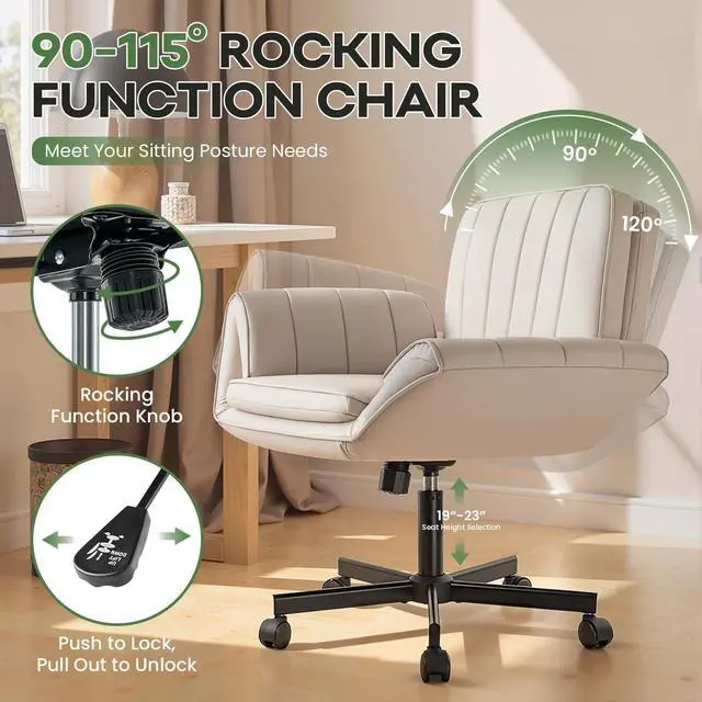 Alt view image 6 of 7 - Vitesse Criss Cross Chair with Five-Level Adjustable Armrests and Wheels, PU Leather Vanity Chair with Back, Comfortable Swivel Cross Legged Office Chair for Home Office, Bedroom, Living Room