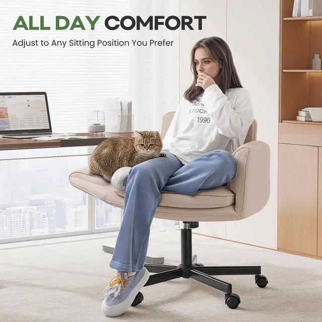 Alt view image 4 of 7 - Vitesse Criss Cross Chair with Five-Level Adjustable Armrests and Wheels, PU Leather Vanity Chair with Back, Comfortable Swivel Cross Legged Office Chair for Home Office, Bedroom, Living Room