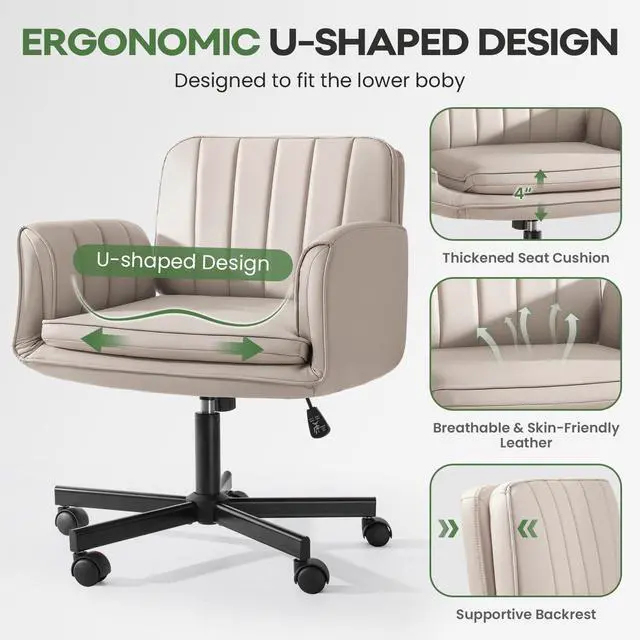 Alt view image 5 of 7 - Vitesse Criss Cross Chair with Five-Level Adjustable Armrests and Wheels, PU Leather Vanity Chair with Back, Comfortable Swivel Cross Legged Office Chair for Home Office, Bedroom, Living Room