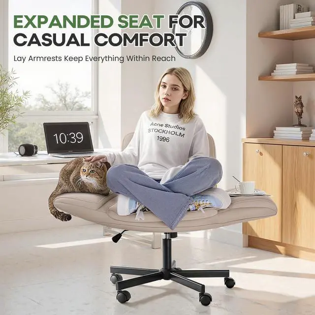 Alt view image 7 of 7 - Vitesse Criss Cross Chair with Five-Level Adjustable Armrests and Wheels, PU Leather Vanity Chair with Back, Comfortable Swivel Cross Legged Office Chair for Home Office, Bedroom, Living Room