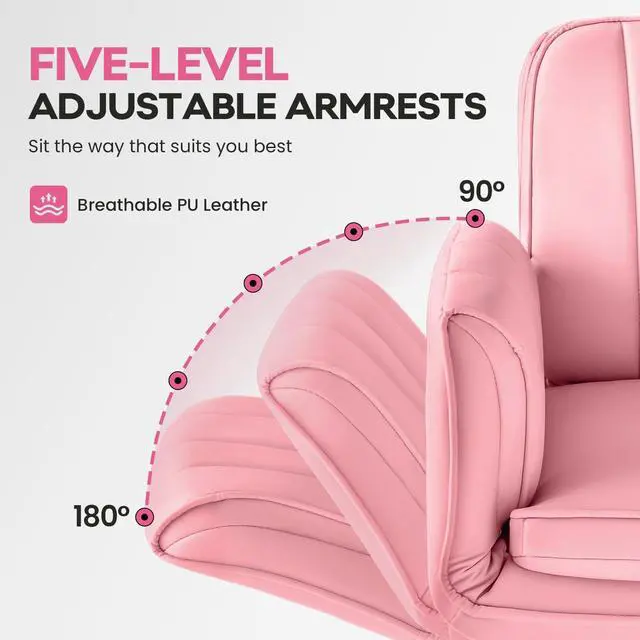 Alt view image 3 of 7 - Vitesse Criss Cross Chair with Five-Level Adjustable Armrests and Wheels, PU Leather Vanity Chair with Back, Comfortable Swivel Cross Legged Office Chair for Home Office, Bedroom, Living Room