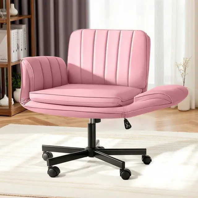 Main image of Vitesse Criss Cross Chair with Five-Level Adjustable Armrests and Wheels, PU Leather Vanity Chair with Back, Comfortable Swivel Cross Legged Office Chair for Home Office, Bedroom, Living Room