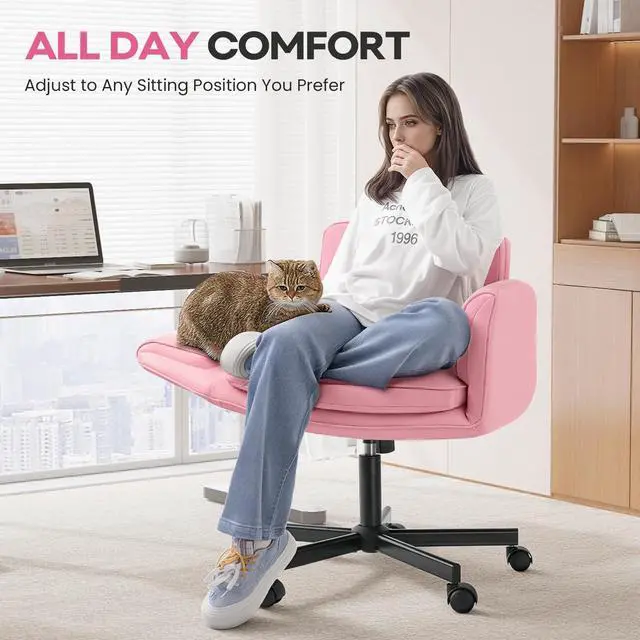 Alt view image 4 of 7 - Vitesse Criss Cross Chair with Five-Level Adjustable Armrests and Wheels, PU Leather Vanity Chair with Back, Comfortable Swivel Cross Legged Office Chair for Home Office, Bedroom, Living Room
