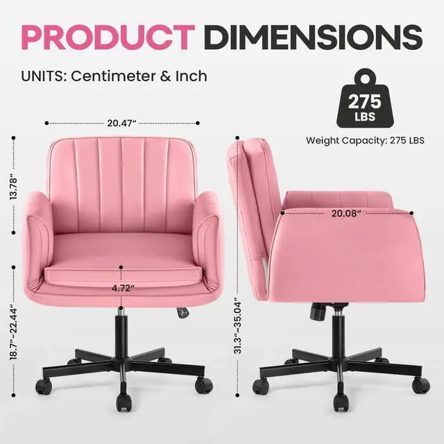 Alt view image 2 of 7 - Vitesse Criss Cross Chair with Five-Level Adjustable Armrests and Wheels, PU Leather Vanity Chair with Back, Comfortable Swivel Cross Legged Office Chair for Home Office, Bedroom, Living Room