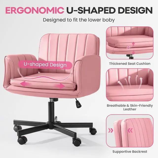 Alt view image 6 of 7 - Vitesse Criss Cross Chair with Five-Level Adjustable Armrests and Wheels, PU Leather Vanity Chair with Back, Comfortable Swivel Cross Legged Office Chair for Home Office, Bedroom, Living Room