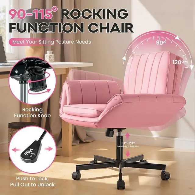 Alt view image 7 of 7 - Vitesse Criss Cross Chair with Five-Level Adjustable Armrests and Wheels, PU Leather Vanity Chair with Back, Comfortable Swivel Cross Legged Office Chair for Home Office, Bedroom, Living Room