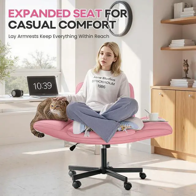 Alt view image 5 of 7 - Vitesse Criss Cross Chair with Five-Level Adjustable Armrests and Wheels, PU Leather Vanity Chair with Back, Comfortable Swivel Cross Legged Office Chair for Home Office, Bedroom, Living Room