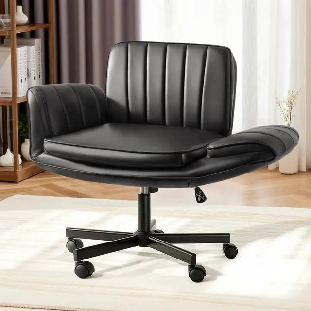 Main image of Vitesse Criss Cross Chair with Five-Level Adjustable Armrests and Wheels, PU Leather Vanity Chair with Back, Comfortable Swivel Cross Legged Office Chair for Home Office, Bedroom, Living Room