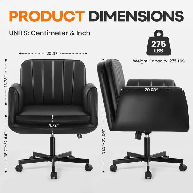 Alt view image 2 of 7 - Vitesse Criss Cross Chair with Five-Level Adjustable Armrests and Wheels, PU Leather Vanity Chair with Back, Comfortable Swivel Cross Legged Office Chair for Home Office, Bedroom, Living Room