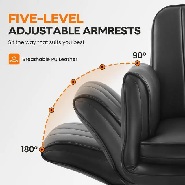 Alt view image 3 of 7 - Vitesse Criss Cross Chair with Five-Level Adjustable Armrests and Wheels, PU Leather Vanity Chair with Back, Comfortable Swivel Cross Legged Office Chair for Home Office, Bedroom, Living Room