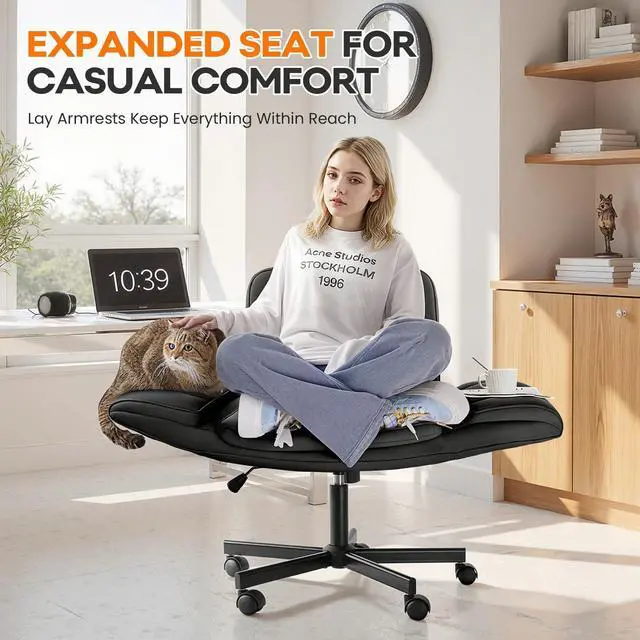Alt view image 5 of 7 - Vitesse Criss Cross Chair with Five-Level Adjustable Armrests and Wheels, PU Leather Vanity Chair with Back, Comfortable Swivel Cross Legged Office Chair for Home Office, Bedroom, Living Room