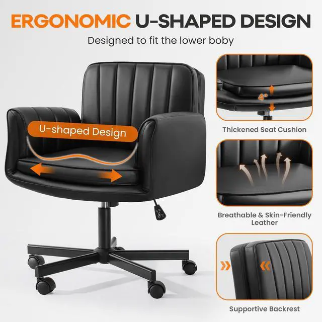 Alt view image 6 of 7 - Vitesse Criss Cross Chair with Five-Level Adjustable Armrests and Wheels, PU Leather Vanity Chair with Back, Comfortable Swivel Cross Legged Office Chair for Home Office, Bedroom, Living Room