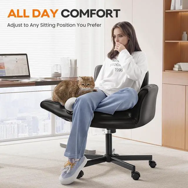 Alt view image 4 of 7 - Vitesse Criss Cross Chair with Five-Level Adjustable Armrests and Wheels, PU Leather Vanity Chair with Back, Comfortable Swivel Cross Legged Office Chair for Home Office, Bedroom, Living Room