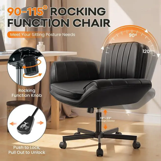 Alt view image 7 of 7 - Vitesse Criss Cross Chair with Five-Level Adjustable Armrests and Wheels, PU Leather Vanity Chair with Back, Comfortable Swivel Cross Legged Office Chair for Home Office, Bedroom, Living Room