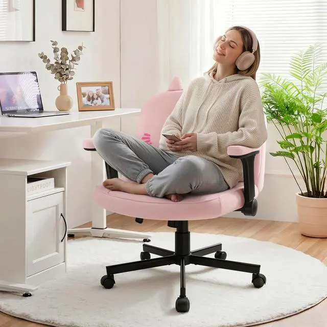 Alt view image 3 of 7 - Vitesse Cat Design Criss Cross Chair with Flip-Up Arms and and Thick Cushion, Ergonomic Wide Seat Desk Chair with Velvet Fabric, Height Adjustable Criss Cross Chairs for Home Office,, Bedroom, Vanity