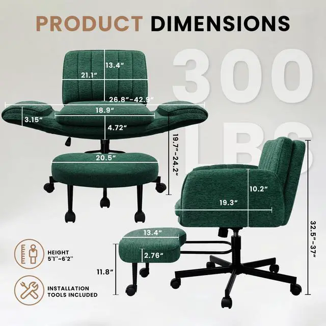 Alt view image 3 of 7 - Vitesse Ergonomic Cross Legged Office Chair with 5-Level Adjustable Armrests, Adjustable-Height Backrest & Swivel Footrest,Soft Chenille Meditation Desk Chair for Home Office Bedroom Makeup