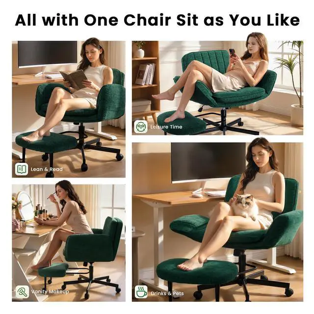 Alt view image 6 of 7 - Vitesse Ergonomic Cross Legged Office Chair with 5-Level Adjustable Armrests, Adjustable-Height Backrest & Swivel Footrest,Soft Chenille Meditation Desk Chair for Home Office Bedroom Makeup