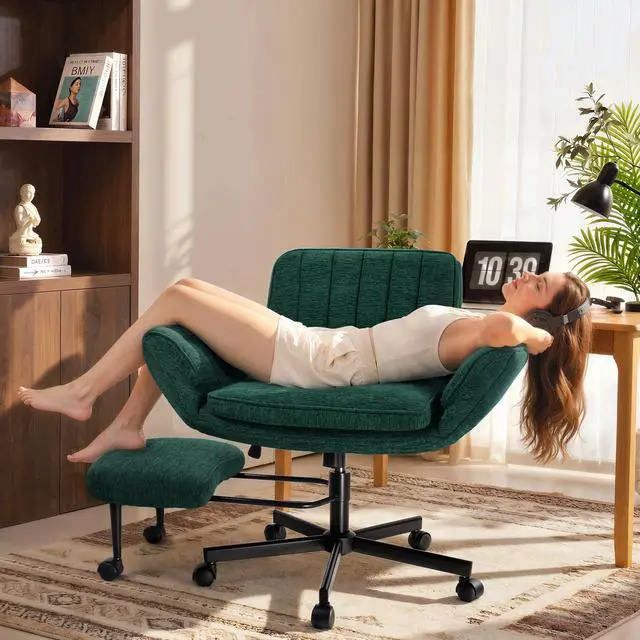 Alt view image 2 of 7 - Vitesse Ergonomic Cross Legged Office Chair with 5-Level Adjustable Armrests, Adjustable-Height Backrest & Swivel Footrest,Soft Chenille Meditation Desk Chair for Home Office Bedroom Makeup