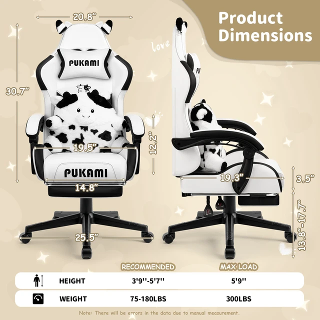 Alt view image 2 of 7 - Vitesse Black White Gaming Chair with Cow Ears and Cow Pattern Lumbar Cushion, Cute Ergonomic Gaming Computer Desk Chair with Footrest and Linked Armrests, Comfortable PU Leather Game Chair for Adults